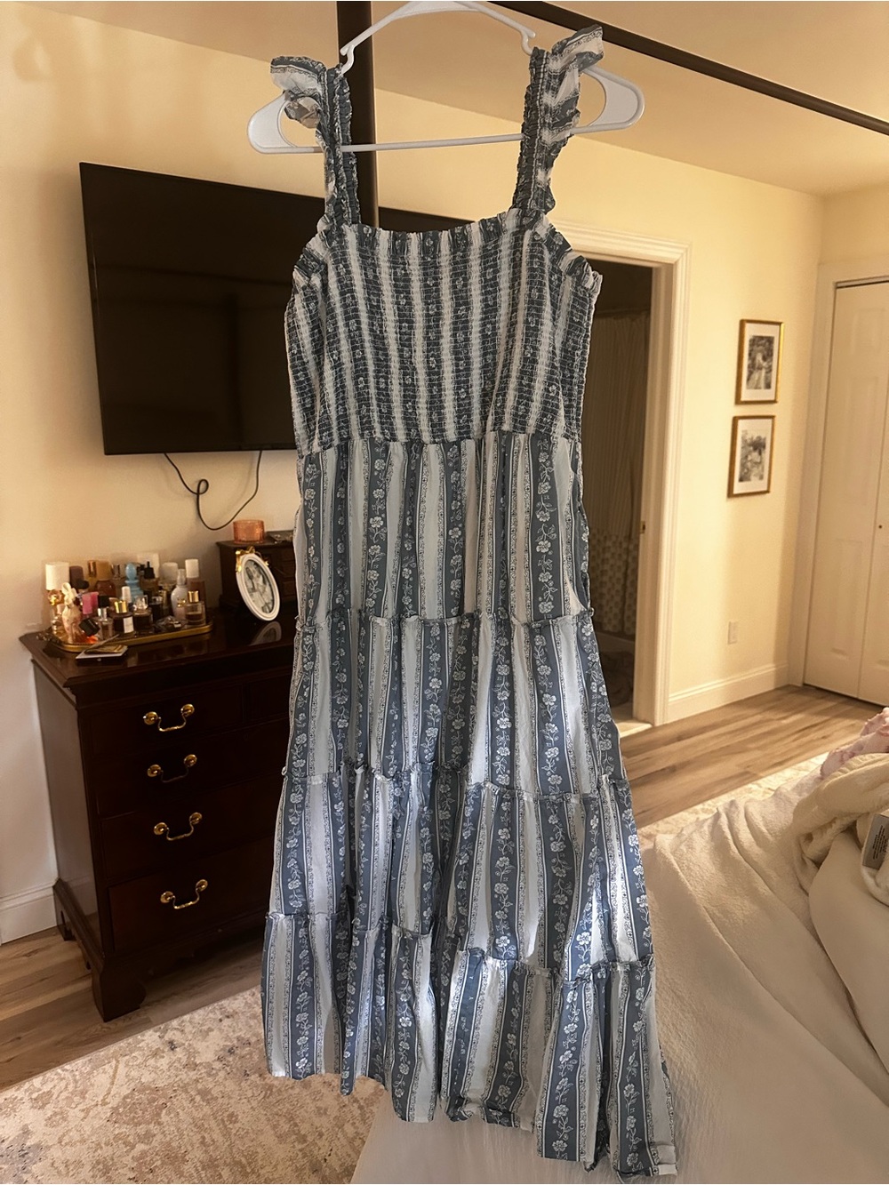 J. Crew Blue and White Tiered Floral Stripe Maxi Dress